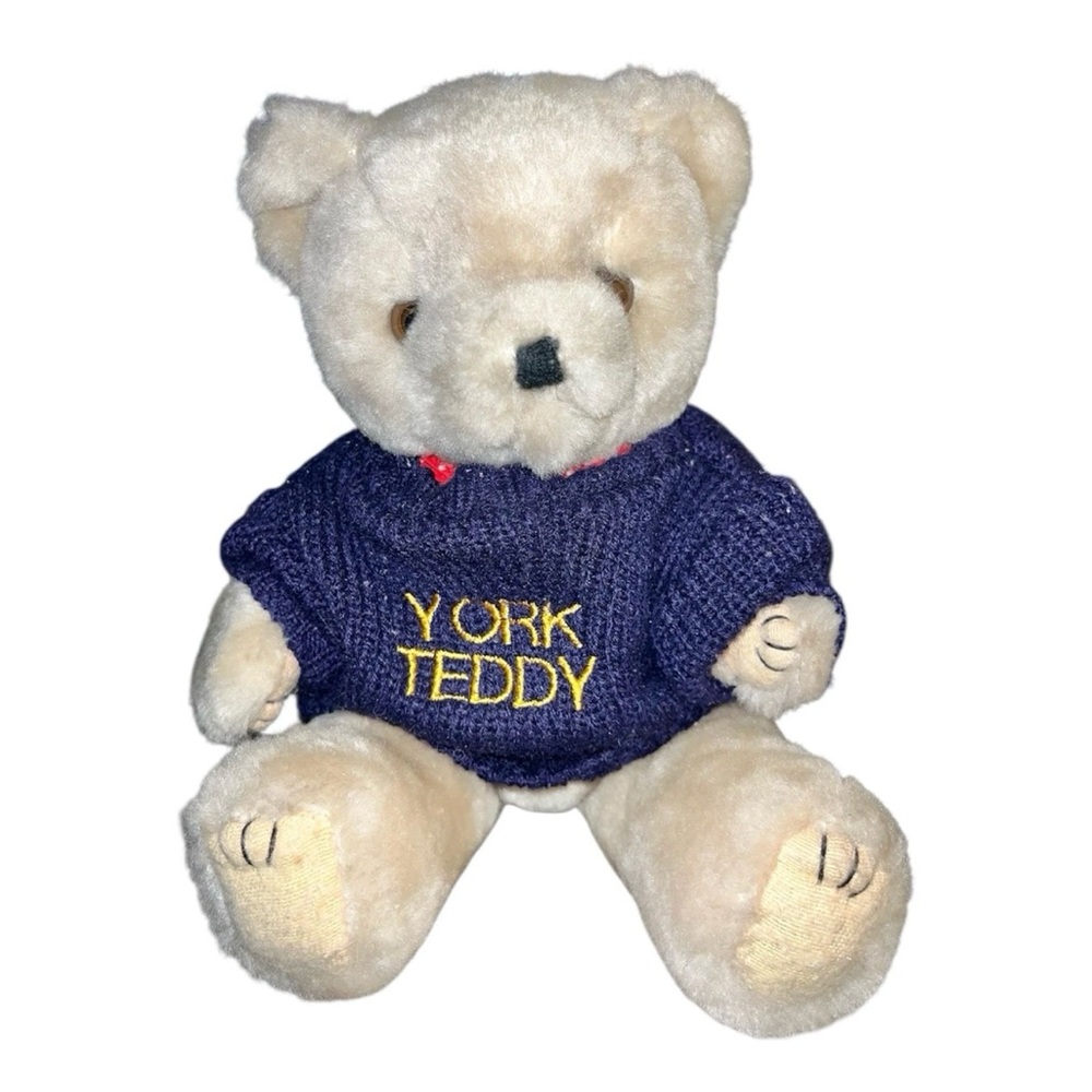 Vintage Jointed York Teddy Plush Teddy Bear in Cream with Navy Sweater